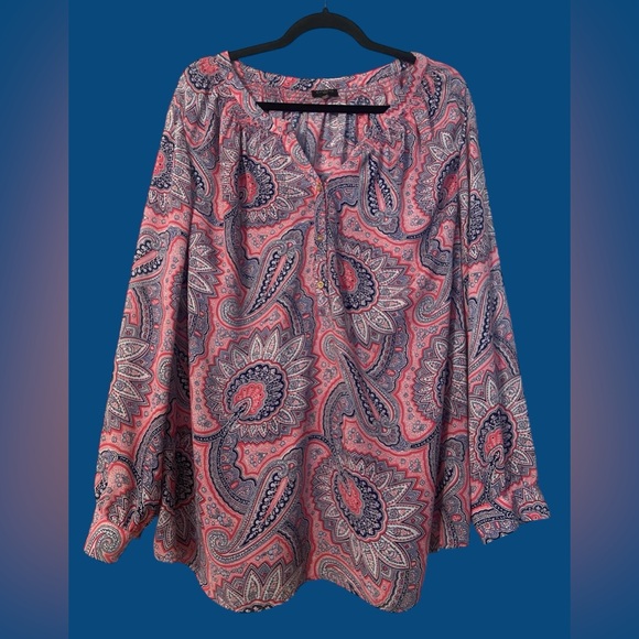 Talbots Paisley Peasant Top 3XL Pink Navy Balloon Sleeves Gold Button. - Picture 6 of 6